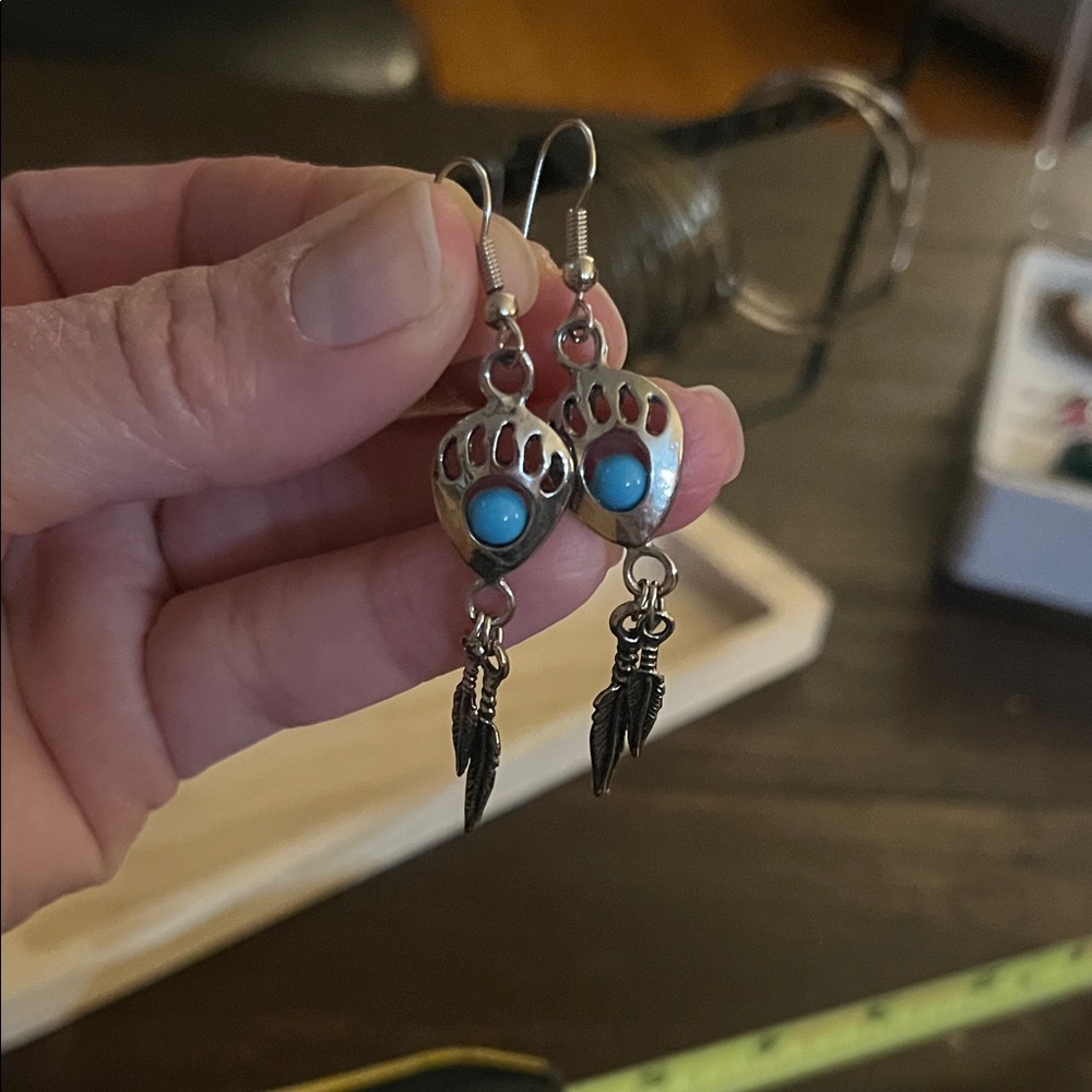 Silver-Tone Bear Paw Drop Earrings with Turquoise Accent